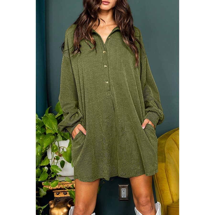 Half Button Collared Neck Long Sleeve Dress Moss / S Apparel and Accessories