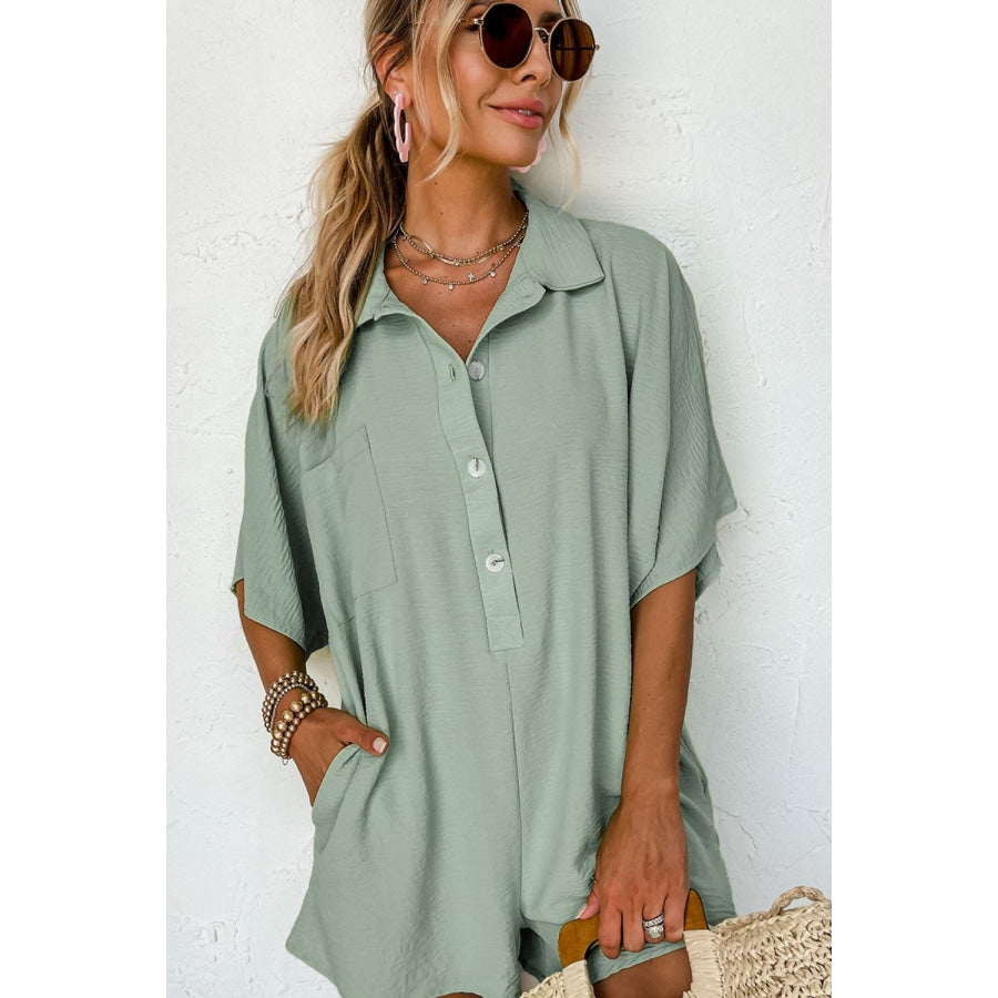 Half Button Collared Neck Romper Apparel and Accessories