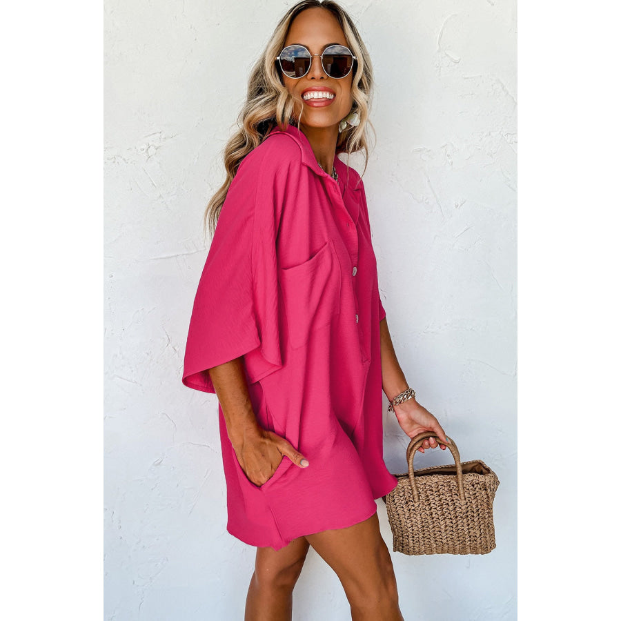 Half Button Collared Neck Romper Apparel and Accessories