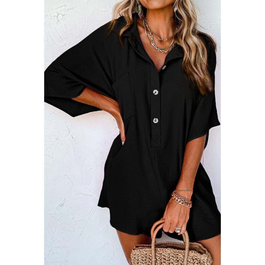 Half Button Collared Neck Romper Black / S Apparel and Accessories