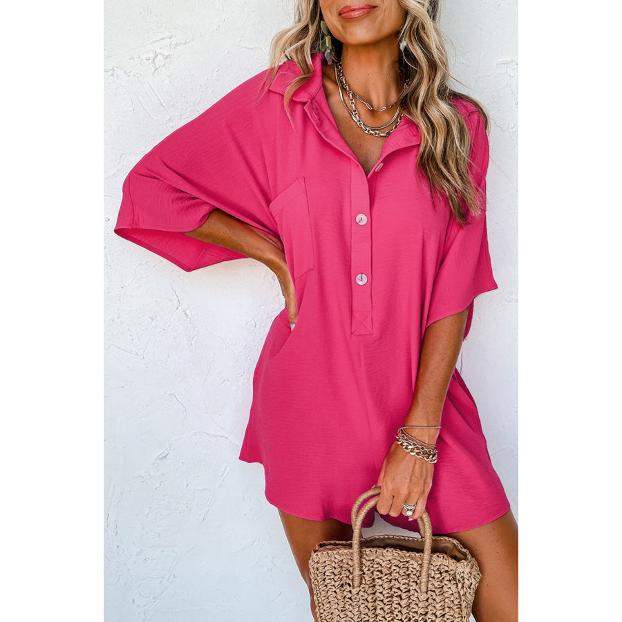 Half Button Collared Neck Romper Hot Pink / S Apparel and Accessories