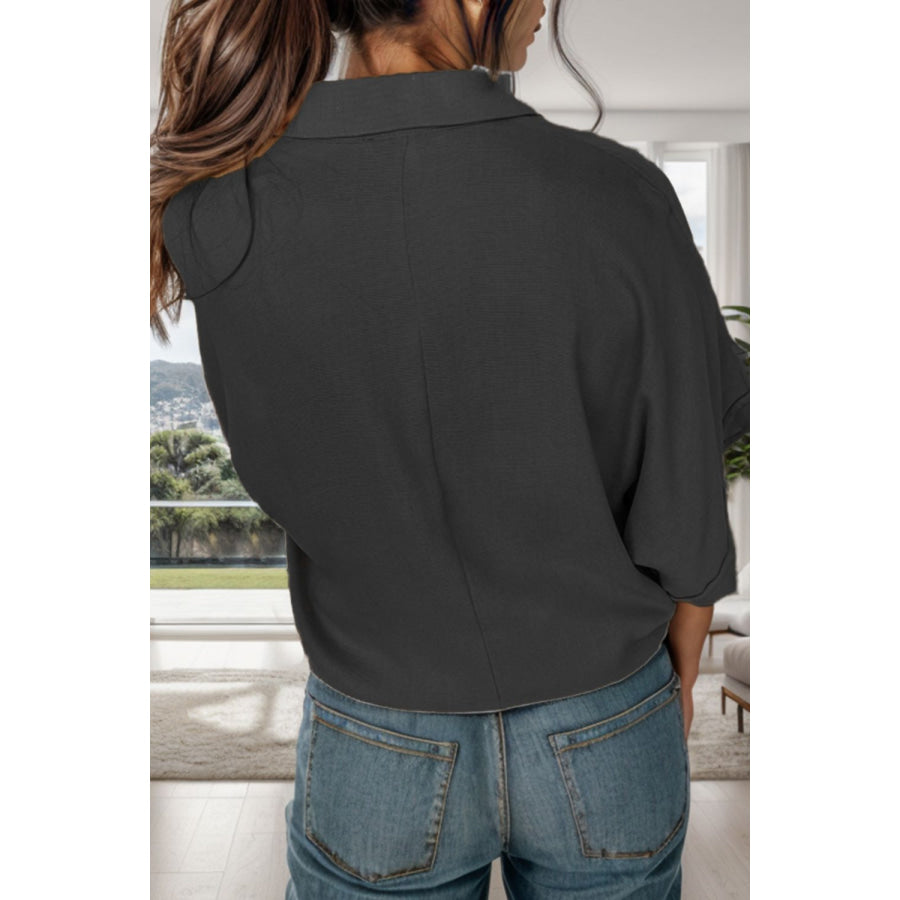 Half Button Collared Neck Half Sleeve Blouse Apparel and Accessories