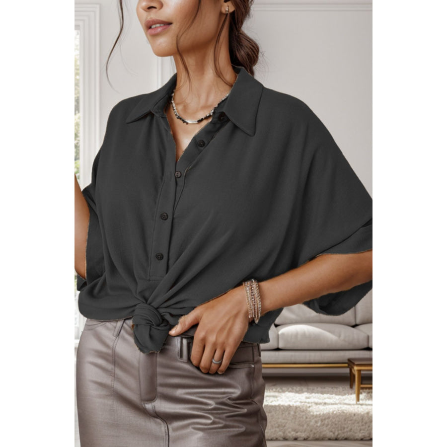 Half Button Collared Neck Half Sleeve Blouse Black / S Apparel and Accessories