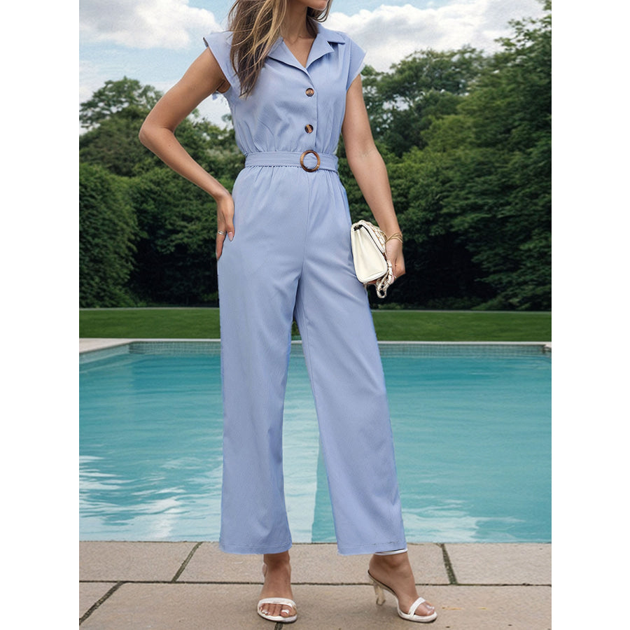 Half Button Collared Neck Wide Leg Jumpsuit Apparel and Accessories