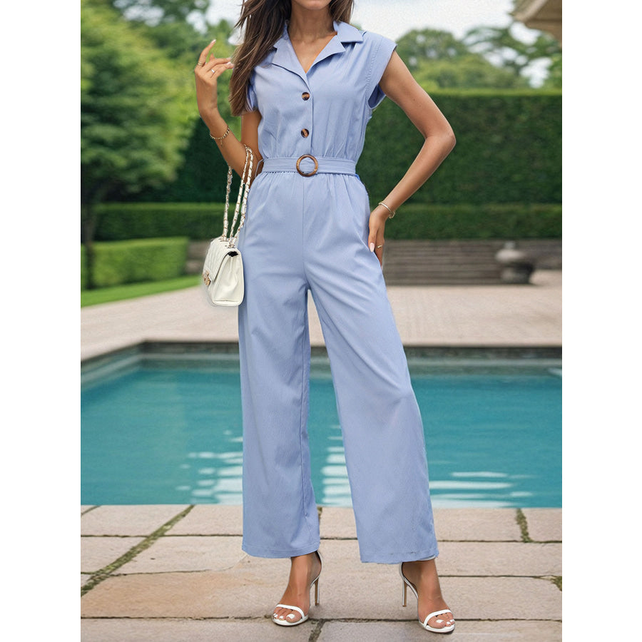 Half Button Collared Neck Wide Leg Jumpsuit Apparel and Accessories