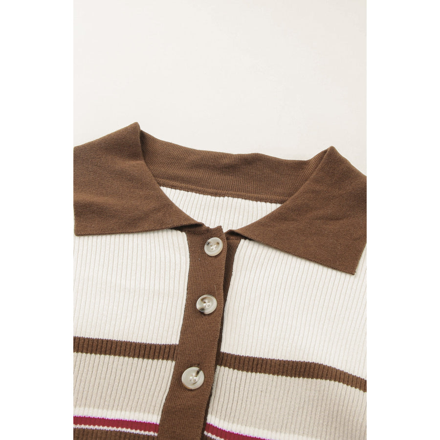 Half Button Contrast Stripe Long Sleeve Knit Top Apparel and Accessories