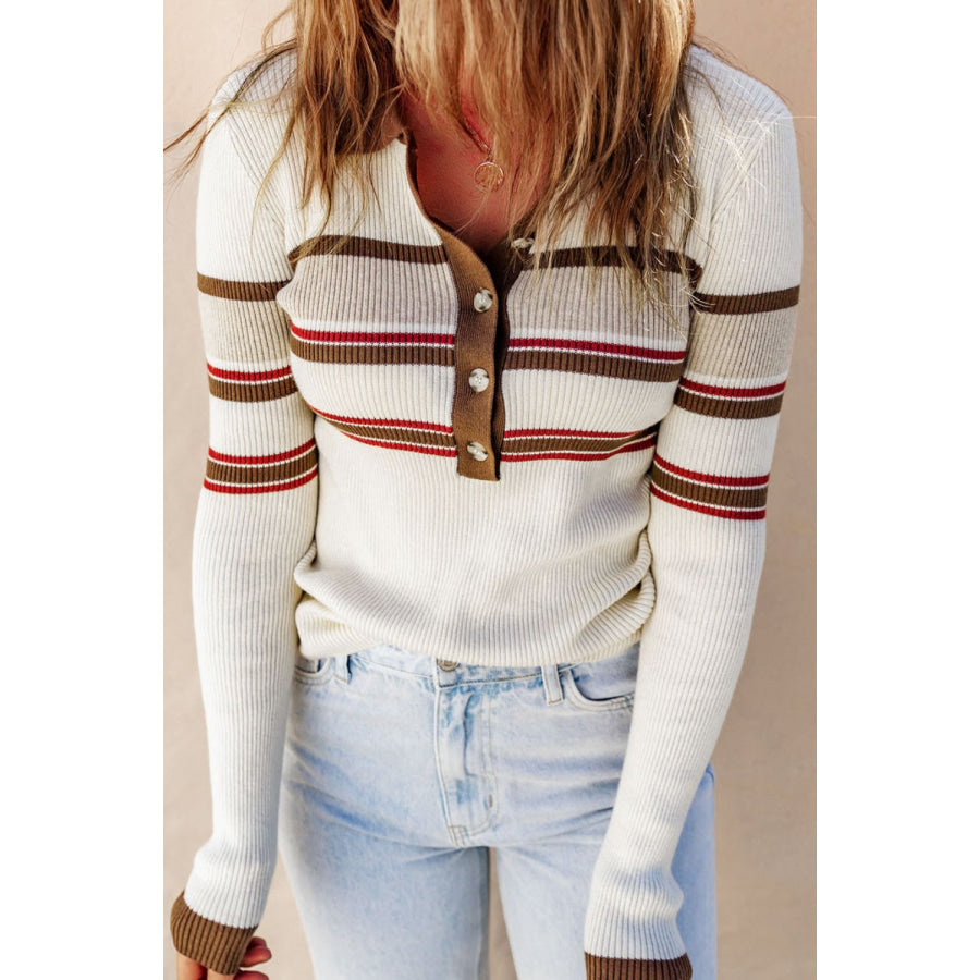 Half Button Contrast Stripe Long Sleeve Knit Top Apparel and Accessories