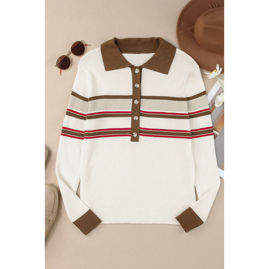 Half Button Contrast Stripe Long Sleeve Knit Top Apparel and Accessories