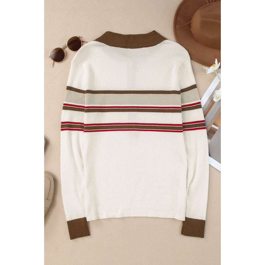 Half Button Contrast Stripe Long Sleeve Knit Top Apparel and Accessories