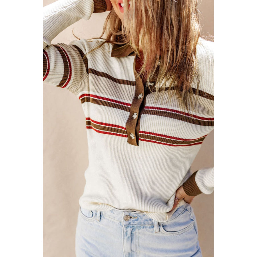 Half Button Contrast Stripe Long Sleeve Knit Top White / S Apparel and Accessories