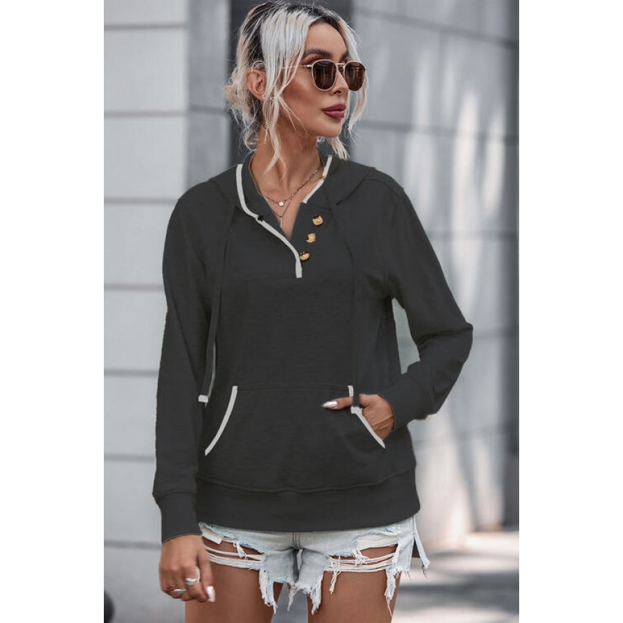 Half Button Drawstring Long Sleeve Hoodie Black / S