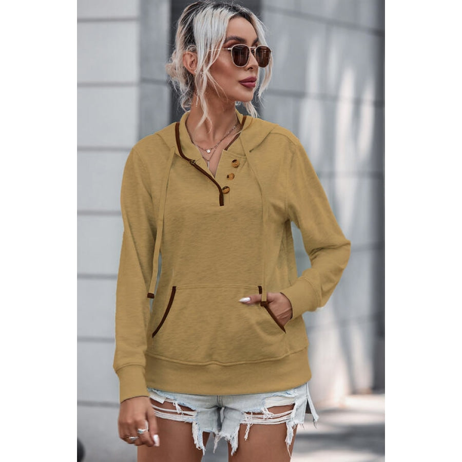 Half Button Drawstring Long Sleeve Hoodie Camel / S