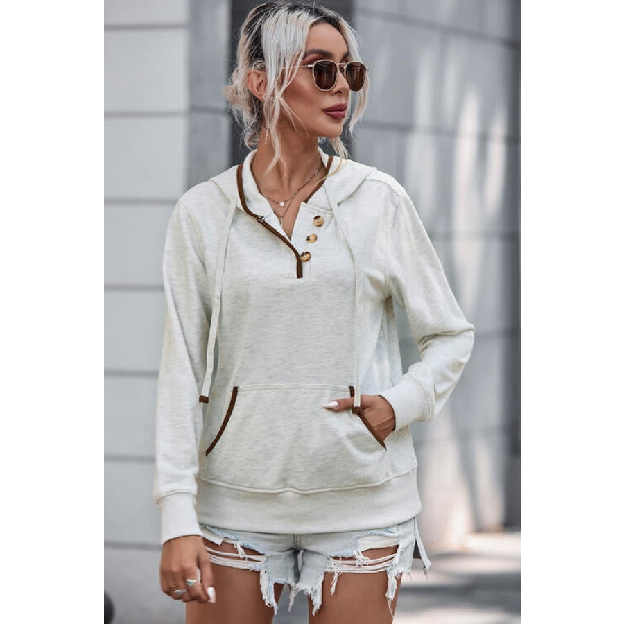 Half Button Drawstring Long Sleeve Hoodie