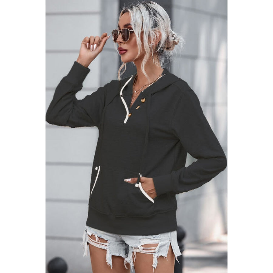 Half Button Drawstring Long Sleeve Hoodie