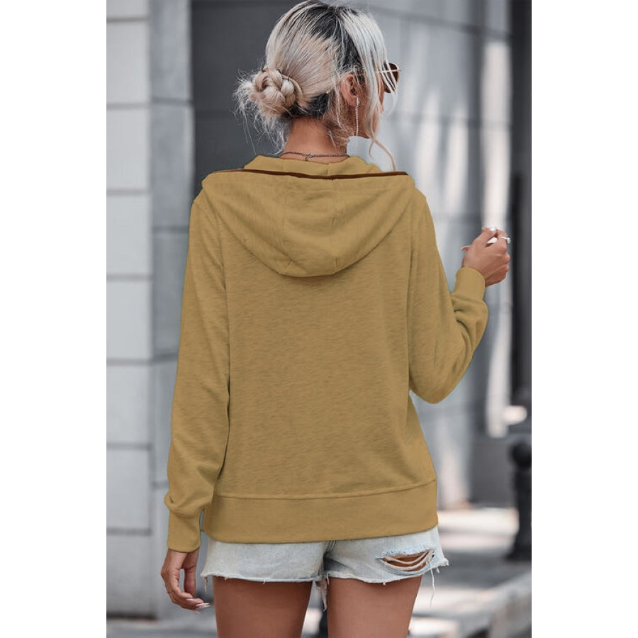 Half Button Drawstring Long Sleeve Hoodie