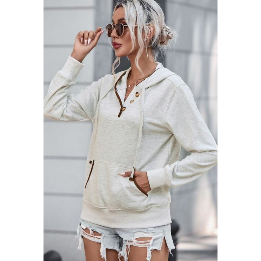 Half Button Drawstring Long Sleeve Hoodie