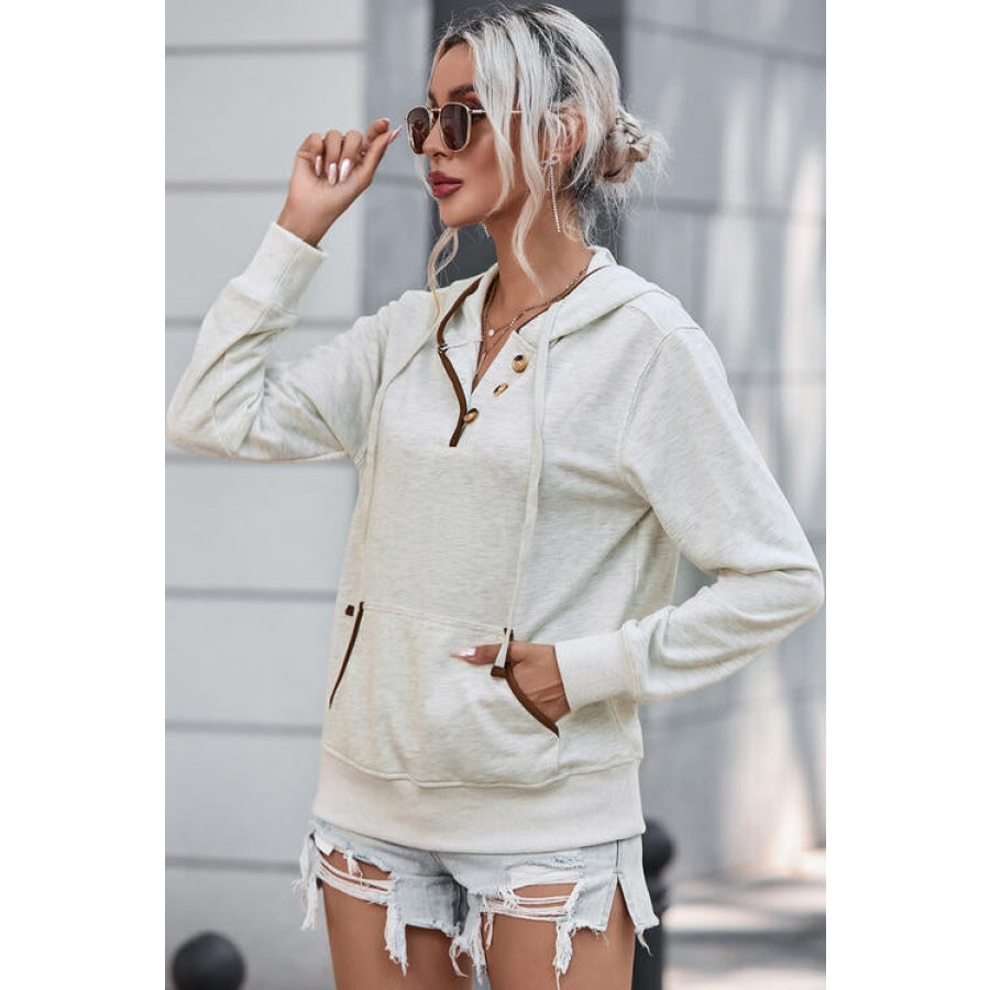 Half Button Drawstring Long Sleeve Hoodie White / S