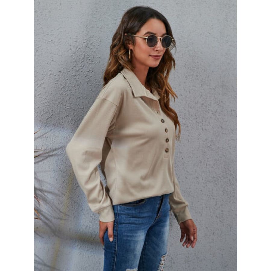 Half Button Dropped Shoulder Blouse Apparel and Accessories