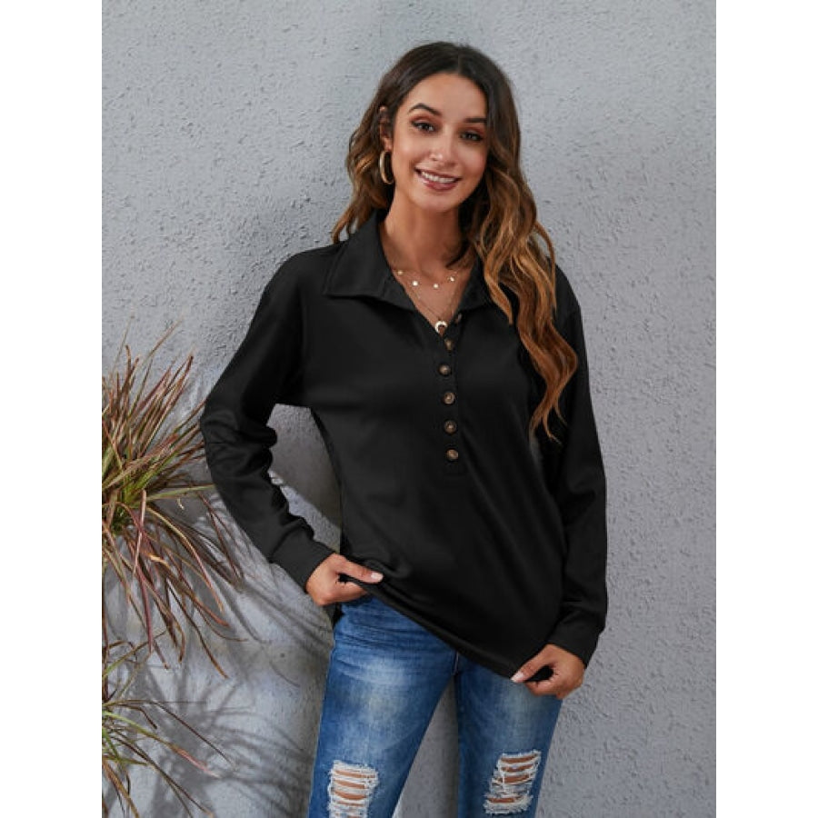 Half Button Dropped Shoulder Blouse Apparel and Accessories