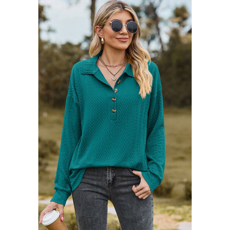 Half Button Dropped Shoulder Blouse Apparel and Accessories