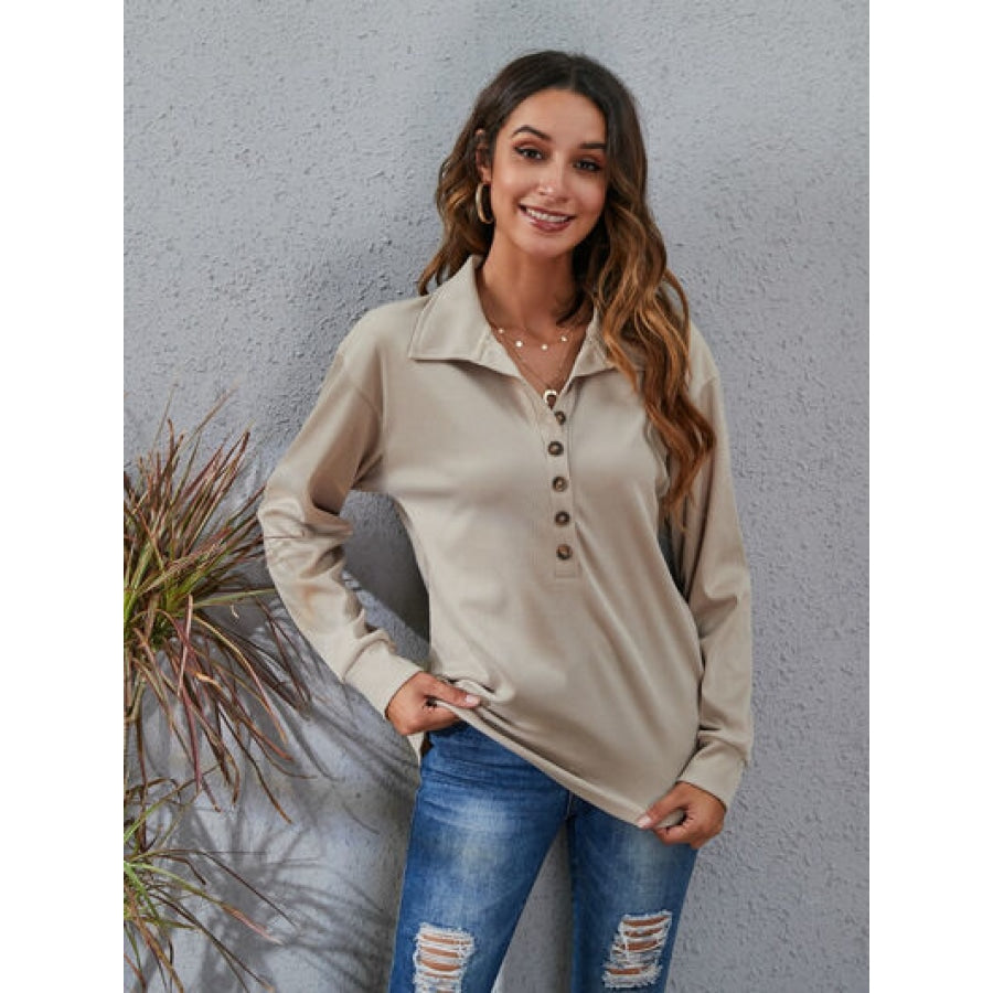 Half Button Dropped Shoulder Blouse Apparel and Accessories