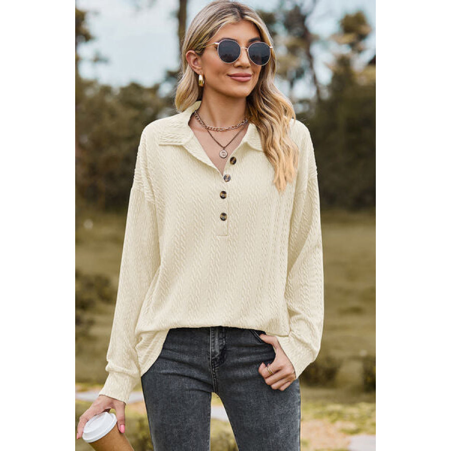 Half Button Dropped Shoulder Blouse Apparel and Accessories