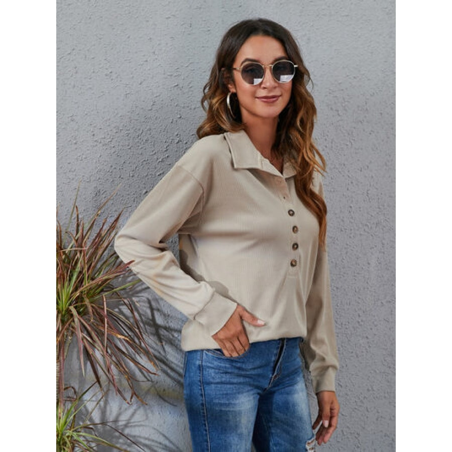 Half Button Dropped Shoulder Blouse Apparel and Accessories