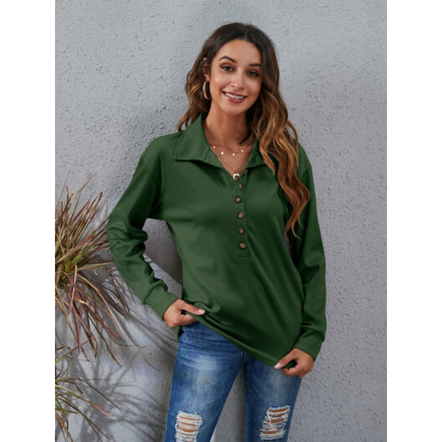 Half Button Dropped Shoulder Blouse Apparel and Accessories