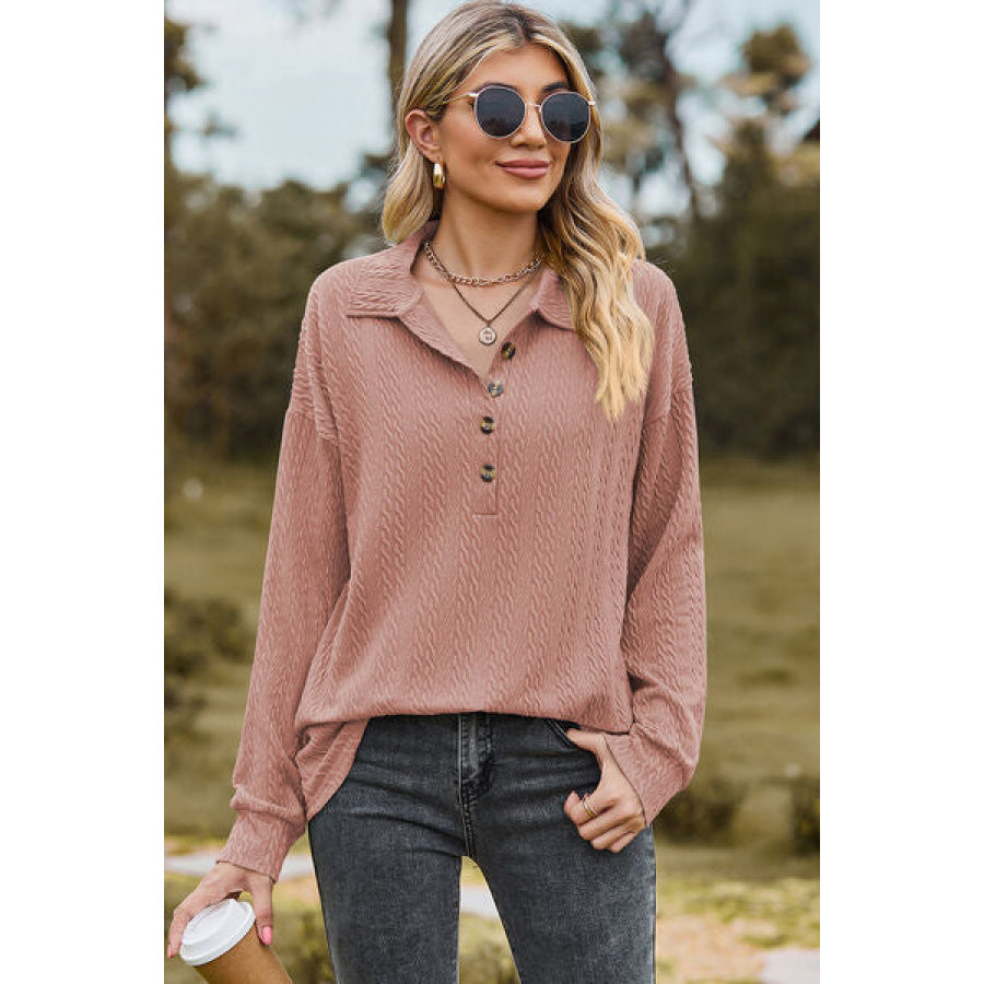 Half Button Dropped Shoulder Blouse Apparel and Accessories