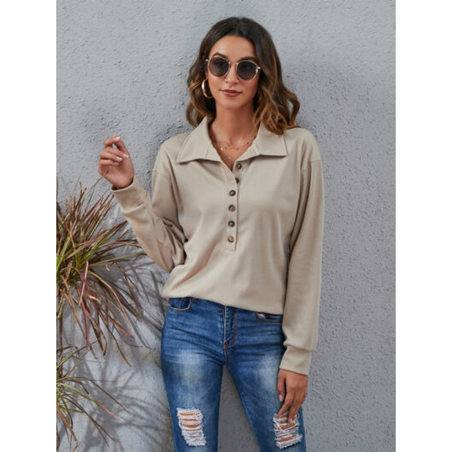 Half Button Dropped Shoulder Blouse Apparel and Accessories