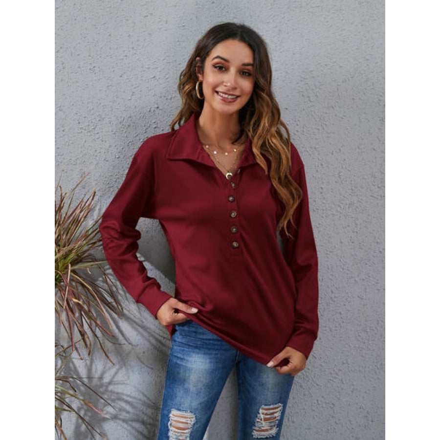 Half Button Dropped Shoulder Blouse Apparel and Accessories