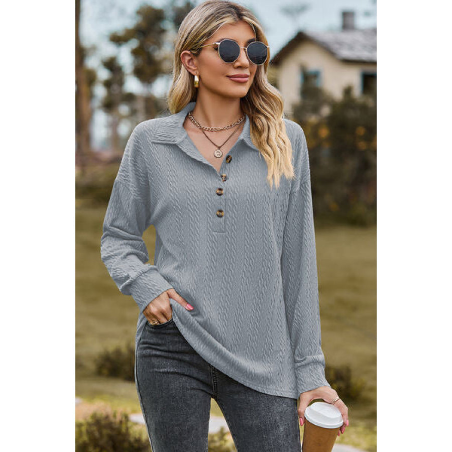 Half Button Dropped Shoulder Blouse Apparel and Accessories