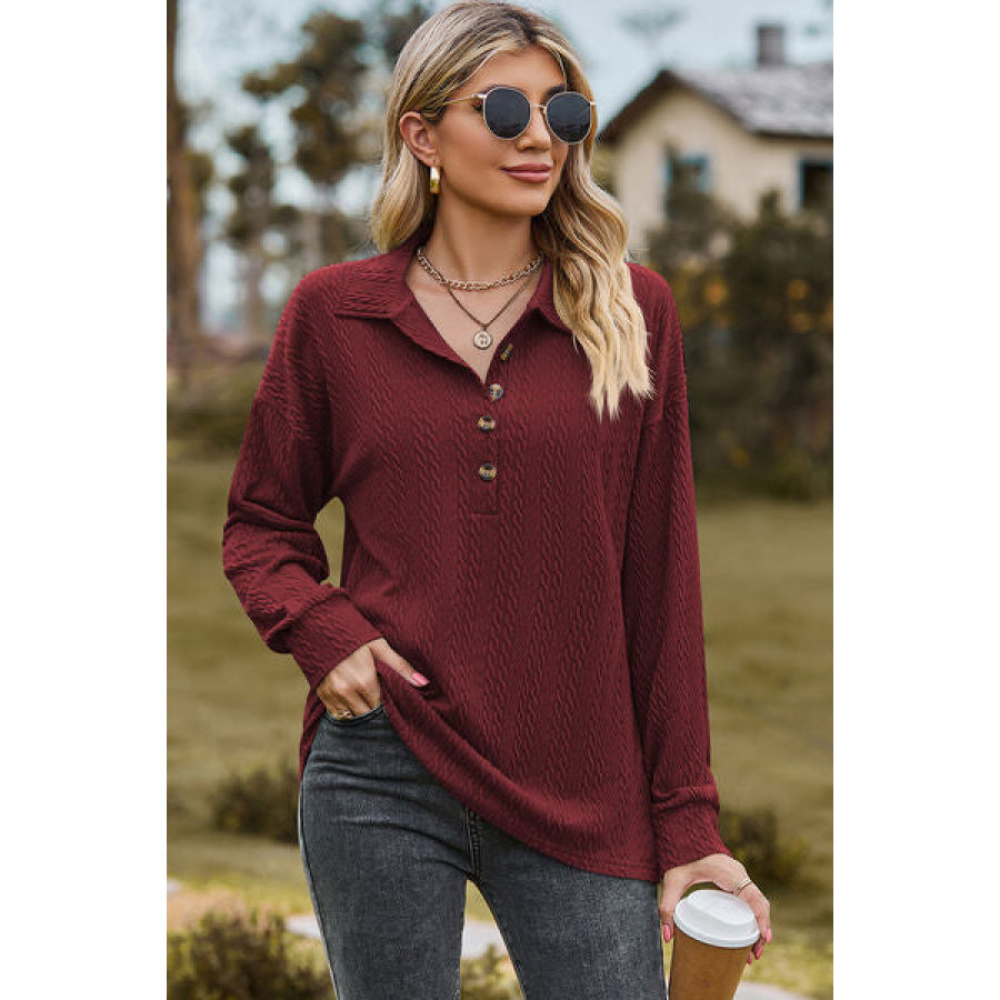 Half Button Dropped Shoulder Blouse Apparel and Accessories