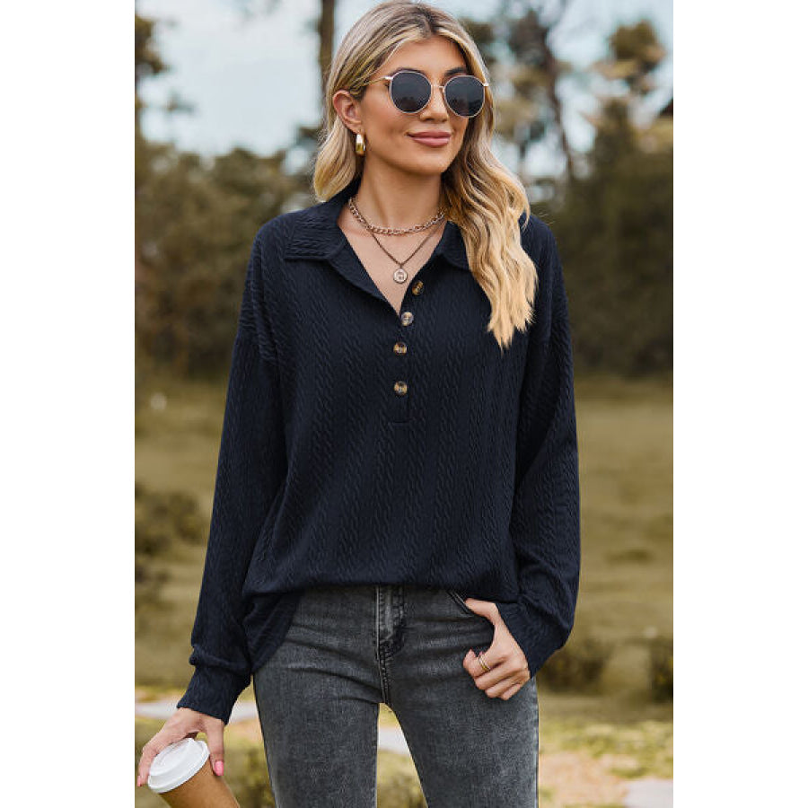 Half Button Dropped Shoulder Blouse Apparel and Accessories