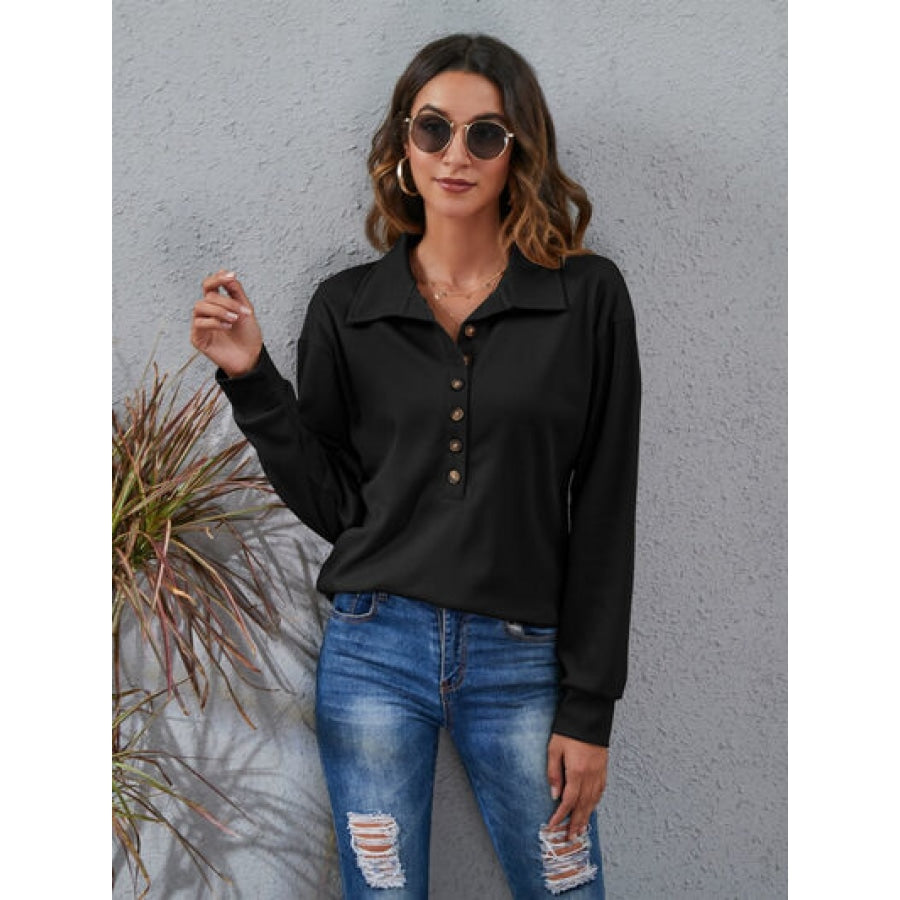 Half Button Dropped Shoulder Blouse Black / S Apparel and Accessories