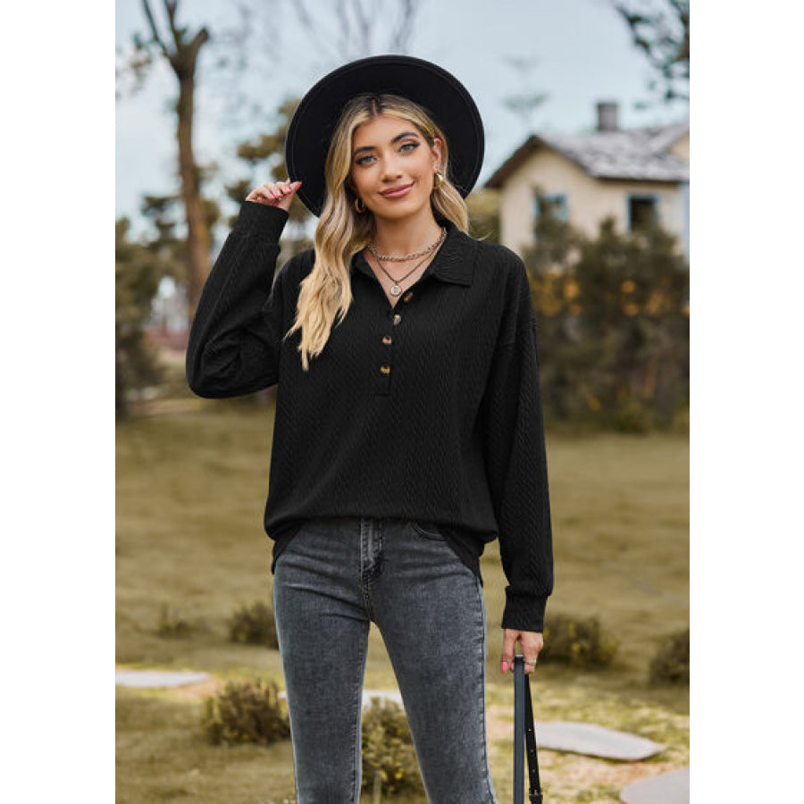 Half Button Dropped Shoulder Blouse Black / S Apparel and Accessories