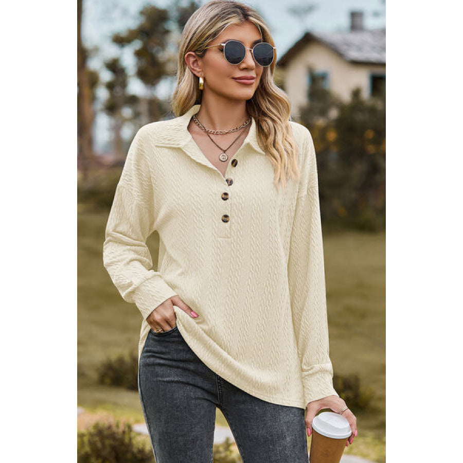 Half Button Dropped Shoulder Blouse Cream / S Apparel and Accessories