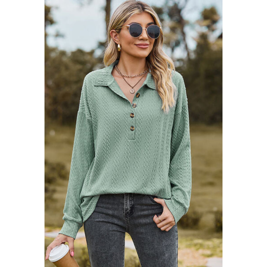 Half Button Dropped Shoulder Blouse Gum Leaf / S Apparel and Accessories