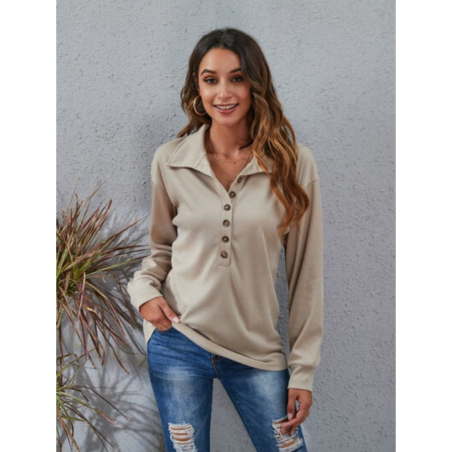 Half Button Dropped Shoulder Blouse Khaki / S Apparel and Accessories