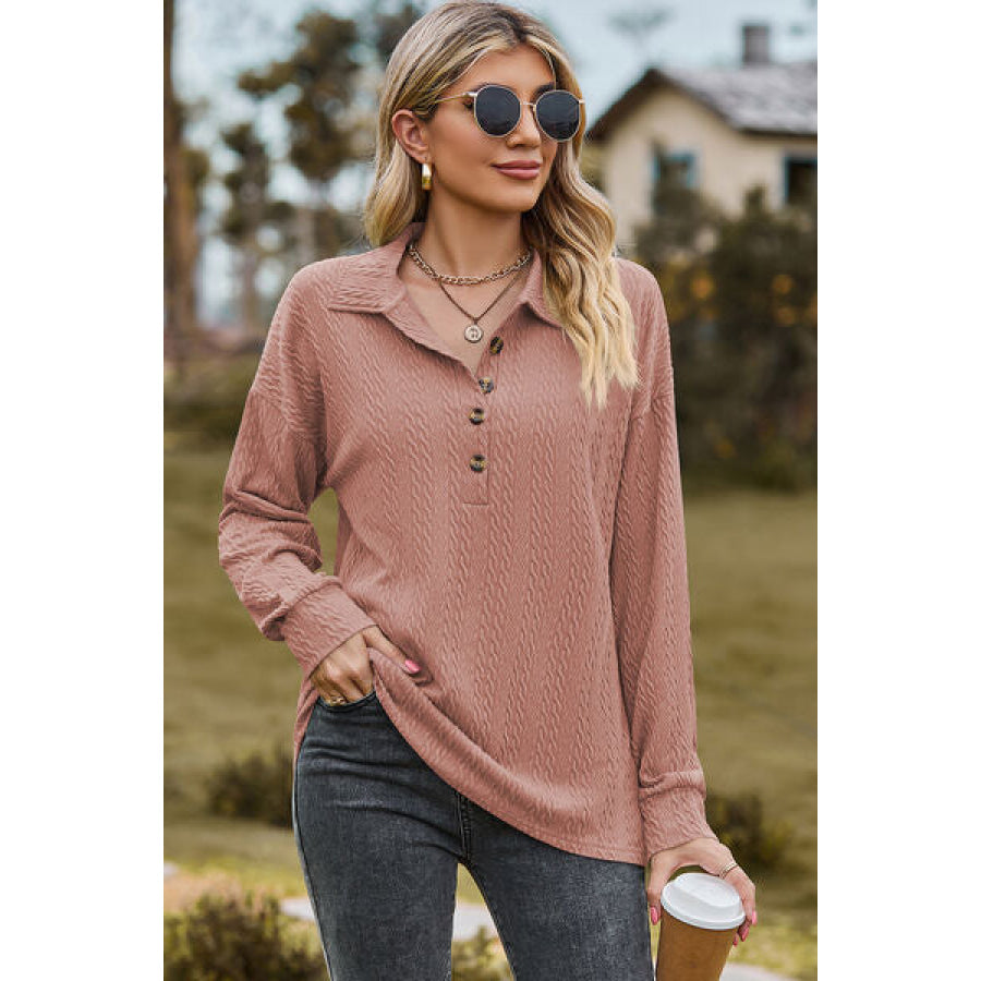 Half Button Dropped Shoulder Blouse Light Mauve / S Apparel and Accessories