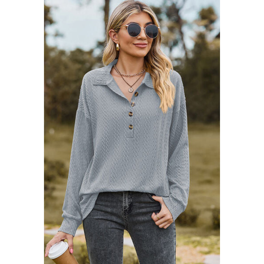 Half Button Dropped Shoulder Blouse Misty Blue / S Apparel and Accessories