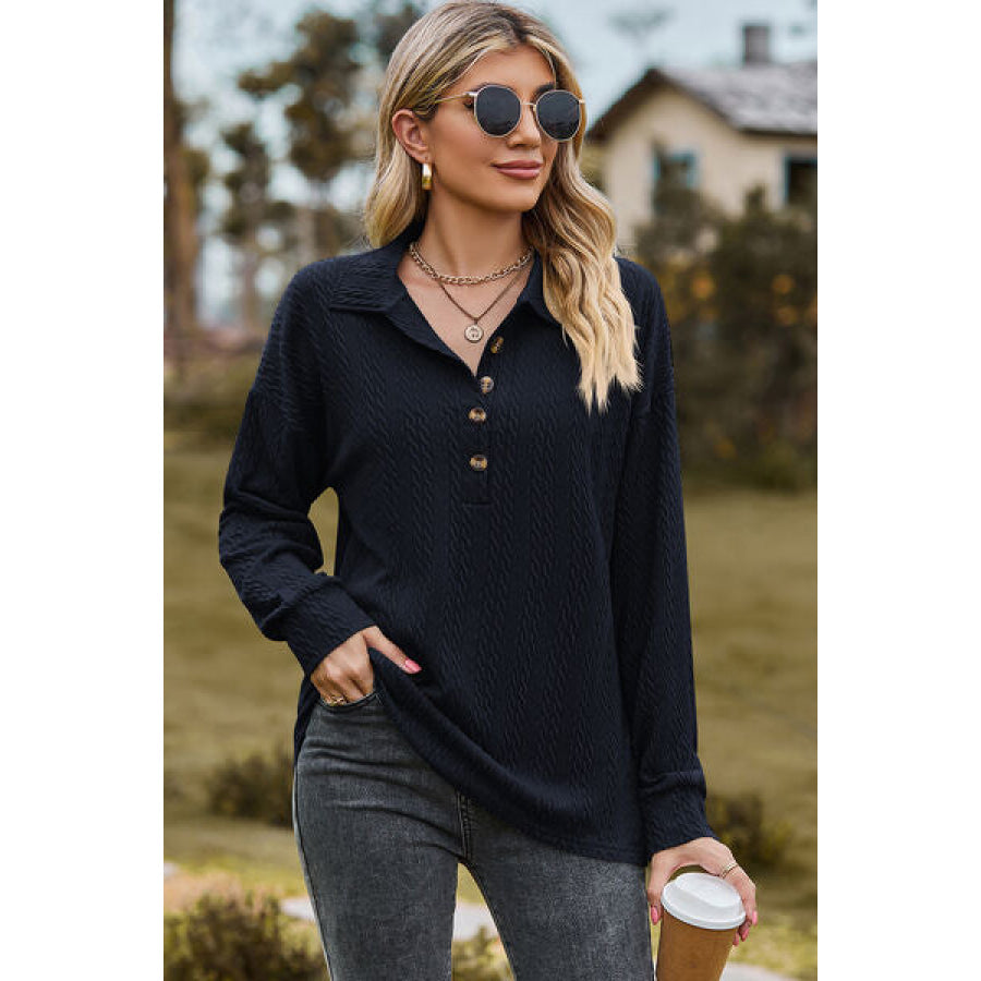 Half Button Dropped Shoulder Blouse Navy / S Apparel and Accessories