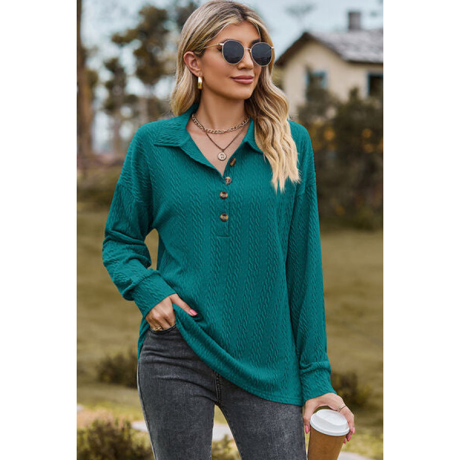 Half Button Dropped Shoulder Blouse Turquoise / S Apparel and Accessories