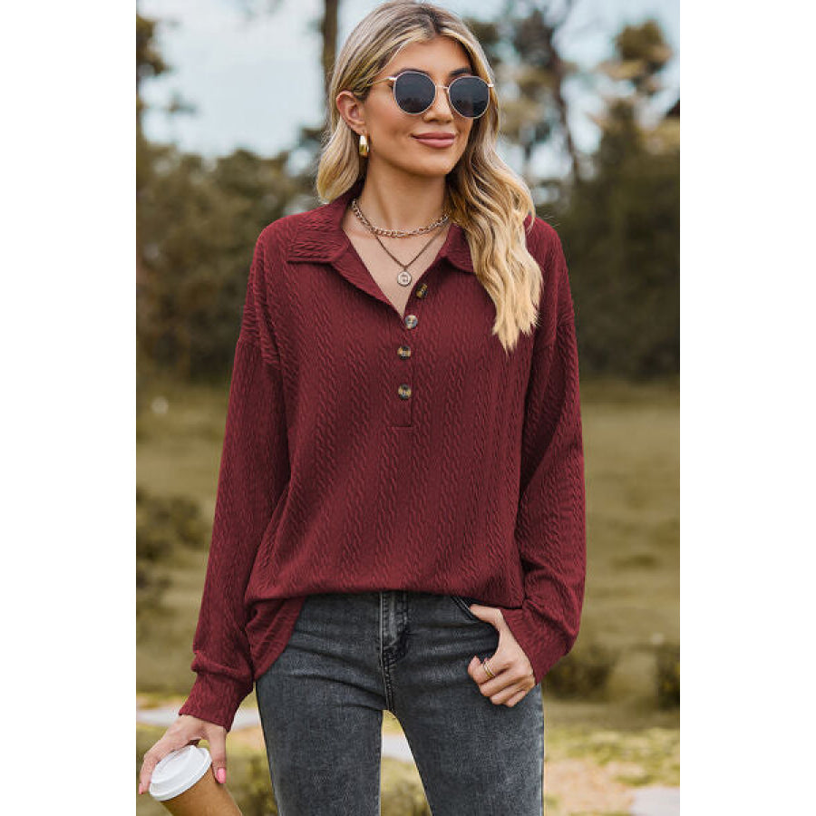 Half Button Dropped Shoulder Blouse Wine / S Apparel and Accessories