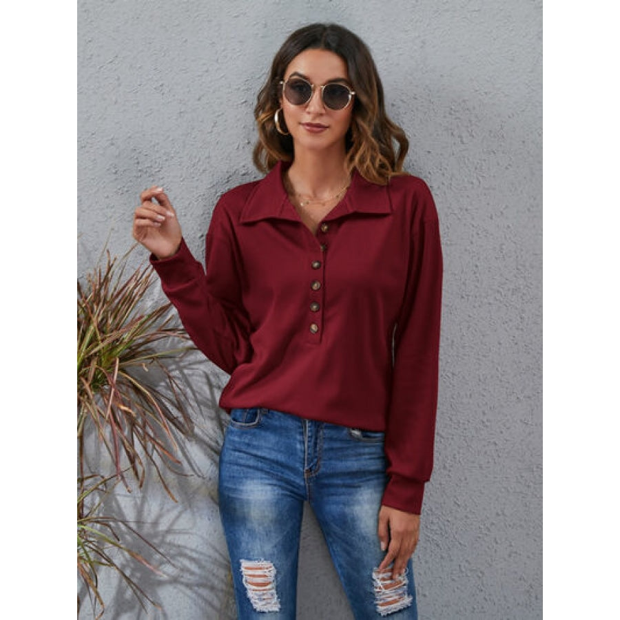 Half Button Dropped Shoulder Blouse Wine / S Apparel and Accessories