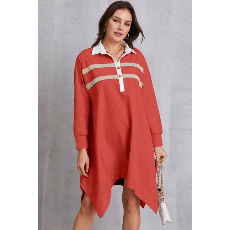 Half Button Handkerchief Hem Dress Red Orange / S Apparel and Accessories