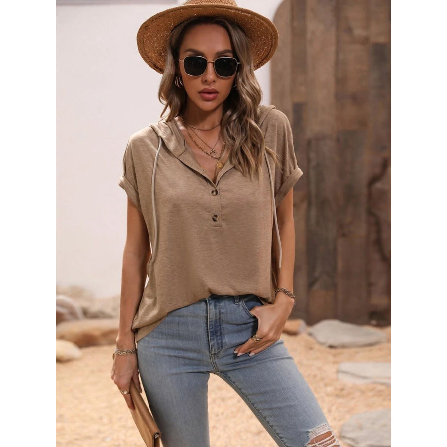 Half Button Hooded Short Sleeve Blouse Apparel and Accessories