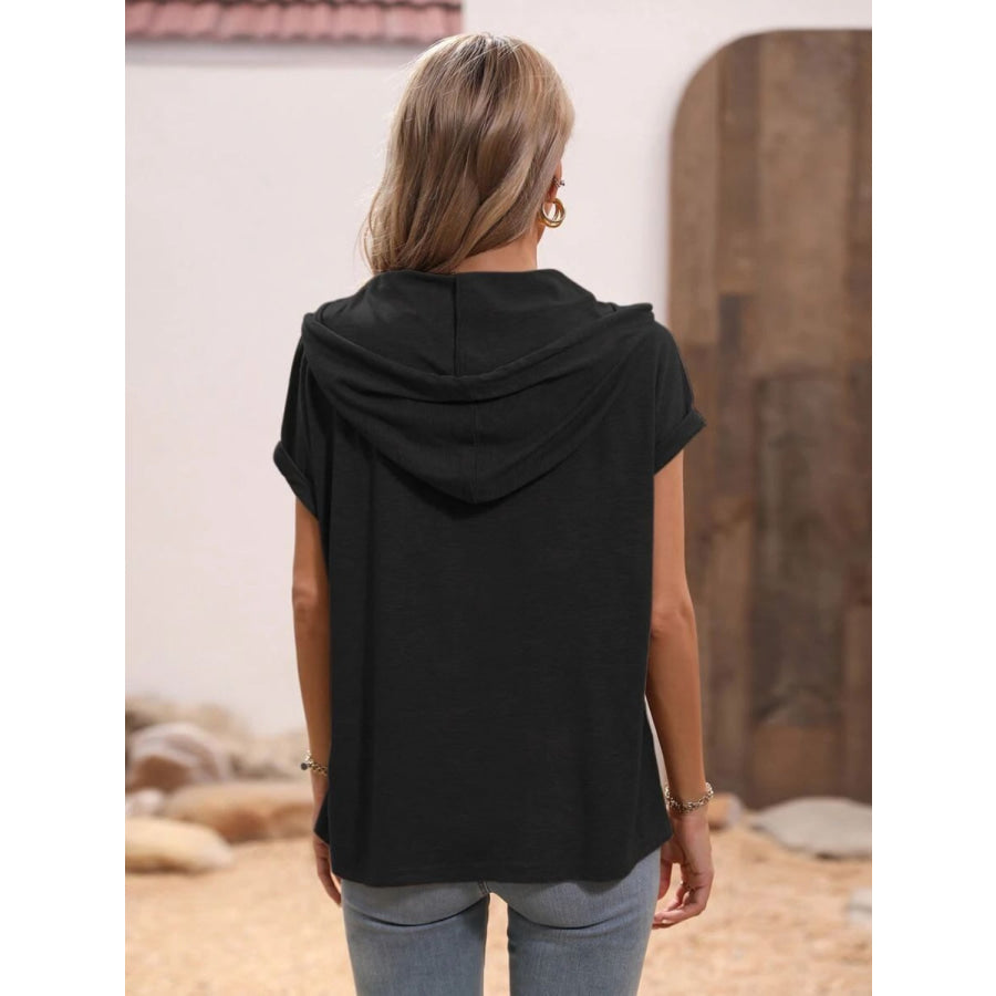 Half Button Hooded Short Sleeve Blouse Apparel and Accessories