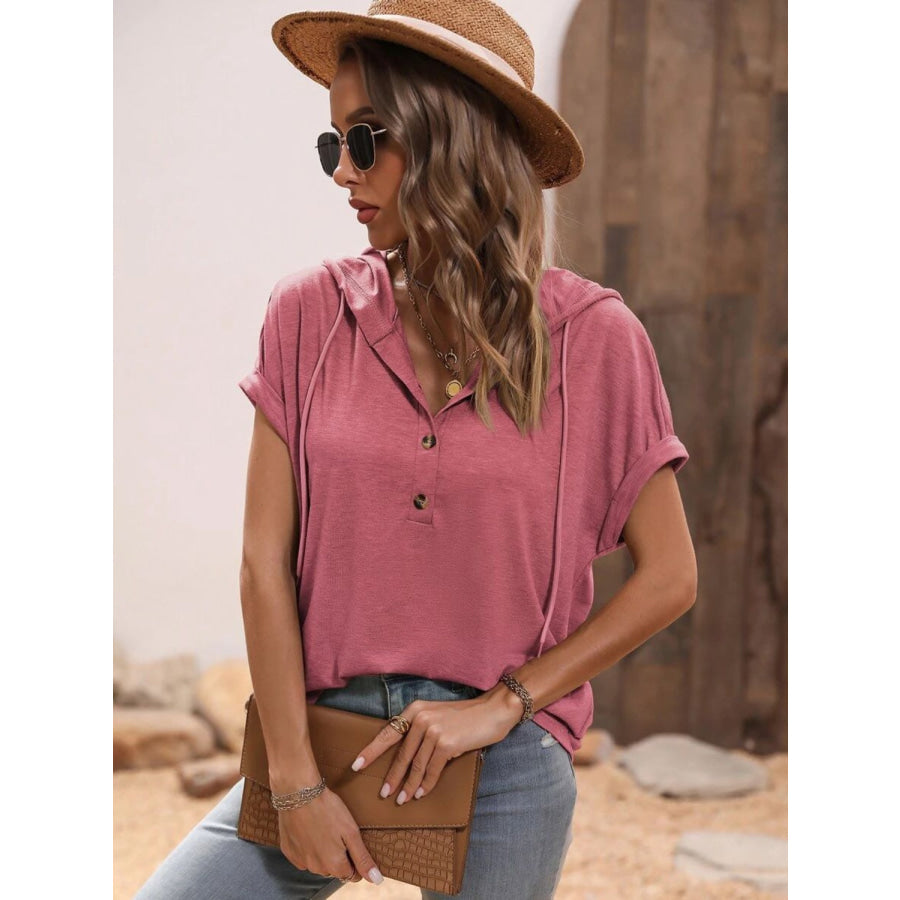 Half Button Hooded Short Sleeve Blouse Apparel and Accessories