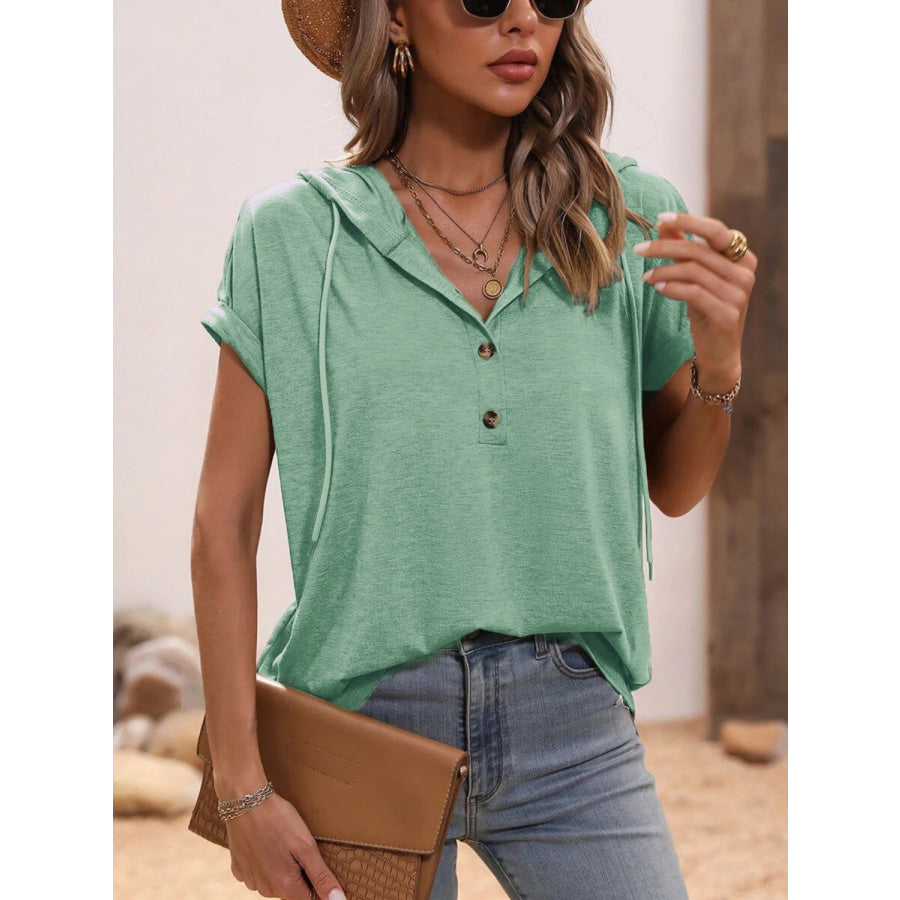 Half Button Hooded Short Sleeve Blouse Apparel and Accessories